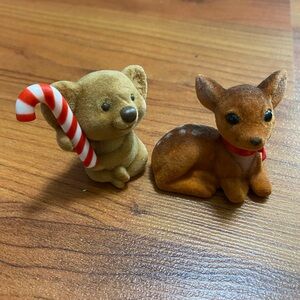 HALLMARK vintage 1980s set of 2 flocked mini figures Christmas fawn deer & koala